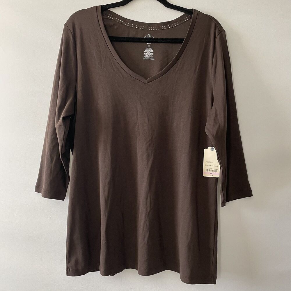 NWT St. John's Bay Women's Tunic Top V-Neck 3/4 Sleeve Brown Cotton Size 1X